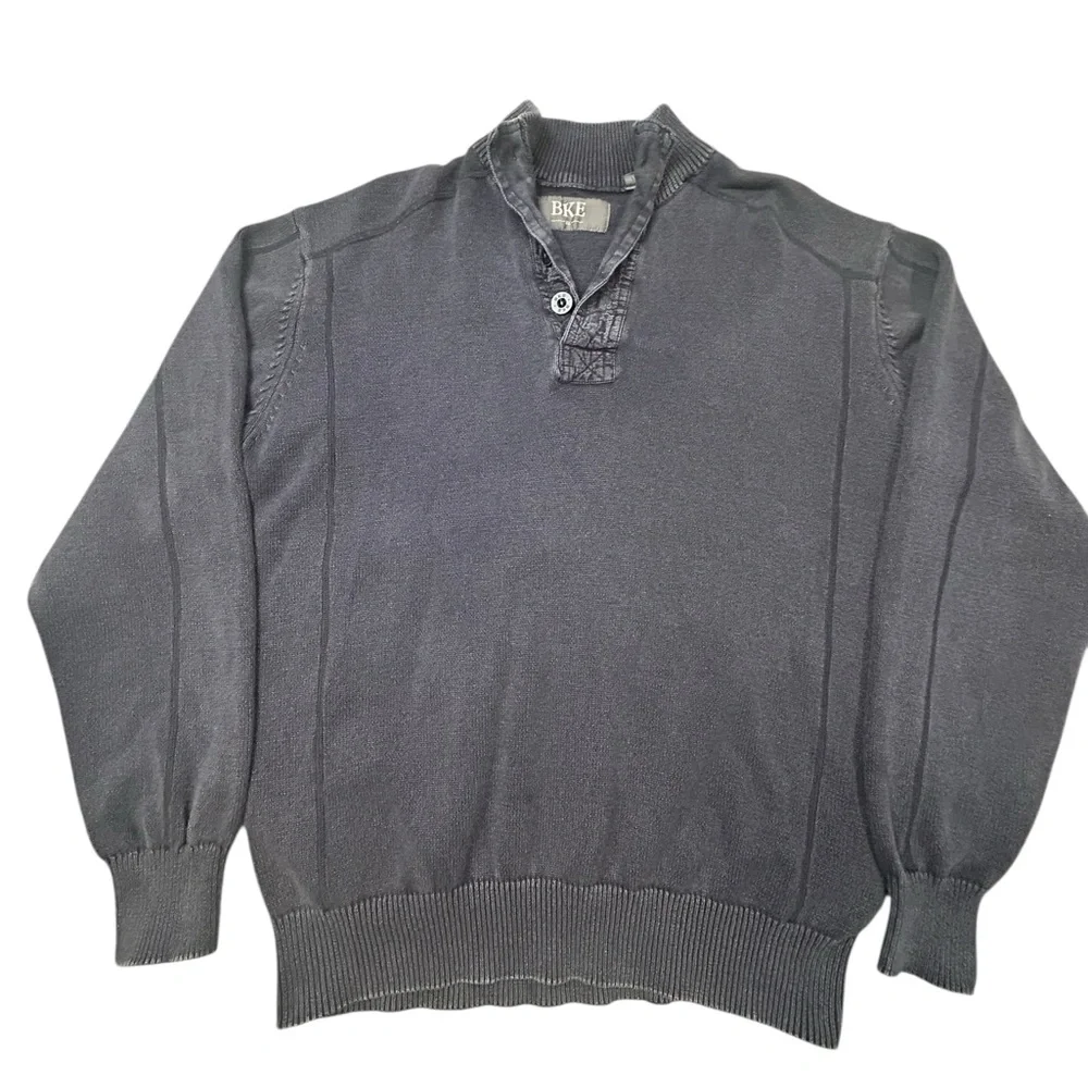BKE Men's Charcoal Henley Mockneck Sweater XL Qtr Button Distress Finish Indie‎